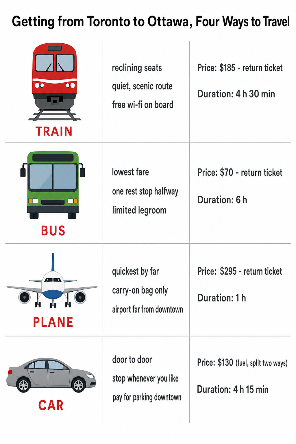 Getting from Toronto to Ottawa, Four Ways to Travel Option: **Train**, Features: reclining seats; quiet, scenic route; free wi-fi on board, Price (return): $185, Duration: 4 h 30 min. Option: **Bus**, Features: lowest fare; one rest stop halfway; limited legroom, Price (return): $70, Duration: 6 h. Option: **Plane**, Features: quickest by far; carry-on bag only; airport far from downtown, Price (return): $295, Duration: 1 h. Option: **Car**, Features: door to door; stop whenever you like; pay for parking downtown, Price (return): $130 (fuel, split two ways), Duration: 4 h 15 min.