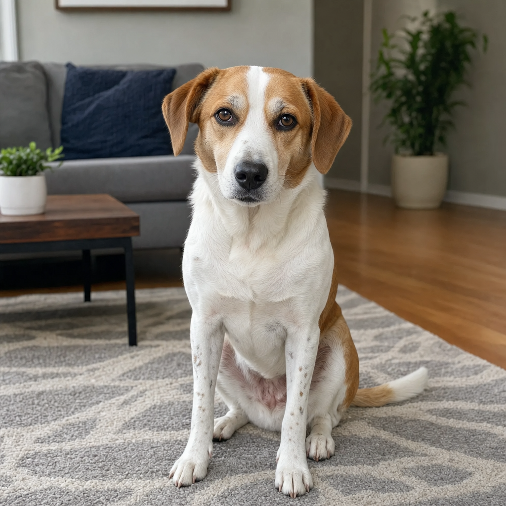 A calm, friendly medium-sized adult dog (around six years old) sitting indoors on a cozy living-room rug, looking gently toward the camera, soft natural light. Relaxed, gentle, family-friendly feel. No readable signs or text.