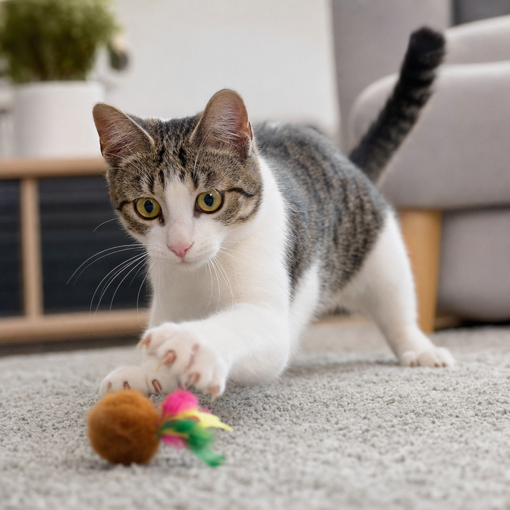 A playful young short-haired cat (around one year old) indoors, mid-play with a small toy on a carpet, bright and lively, alert eyes. Energetic, independent, indoor feel. No readable signs or text.