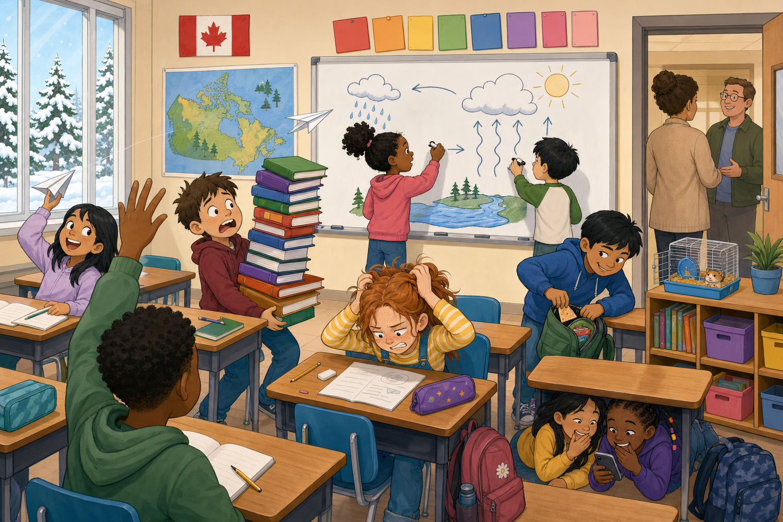 A busy, chaotic elementary classroom while the teacher stands in the open doorway at the back with their back turned, chatting with another adult. The students are misbehaving: at the front, two kids at a whiteboard scrawl a half-finished s