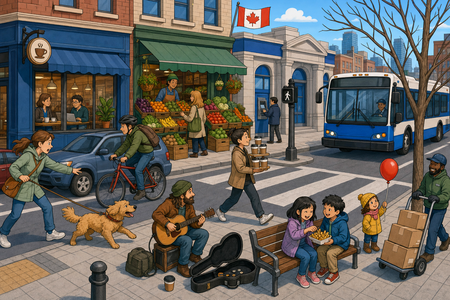 A busy Canadian downtown street corner with a pedestrian crosswalk. Three storefronts along the back, a coffee shop, a fruit-and-vegetable market with a fifty-percent-off sign, and a bank. In the foreground, a boy has just kicked a basketball across the crosswalk, an older couple with canes step off the curb, and a small dog on a slipping leash strains toward the road while its helmeted owner reaches for it. A red car sits parked near the corner, and a red balloon is caught in a bare tree beside a bench where two kids are sitting.