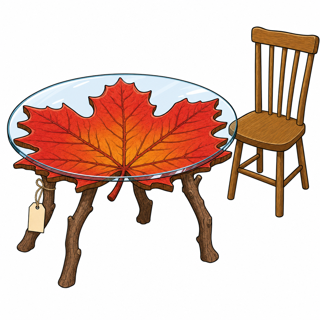 A single unusual novelty coffee table: a round tabletop shaped and coloured like a large red-and-orange maple leaf with visible veins, resting under a clear glass surface, standing on three or four curved legs shaped like rough wooden tree branches with bark texture. A simple price-tag string hangs from one leg (tag blank, no readable text). A plain wooden chair stands beside it for scale.